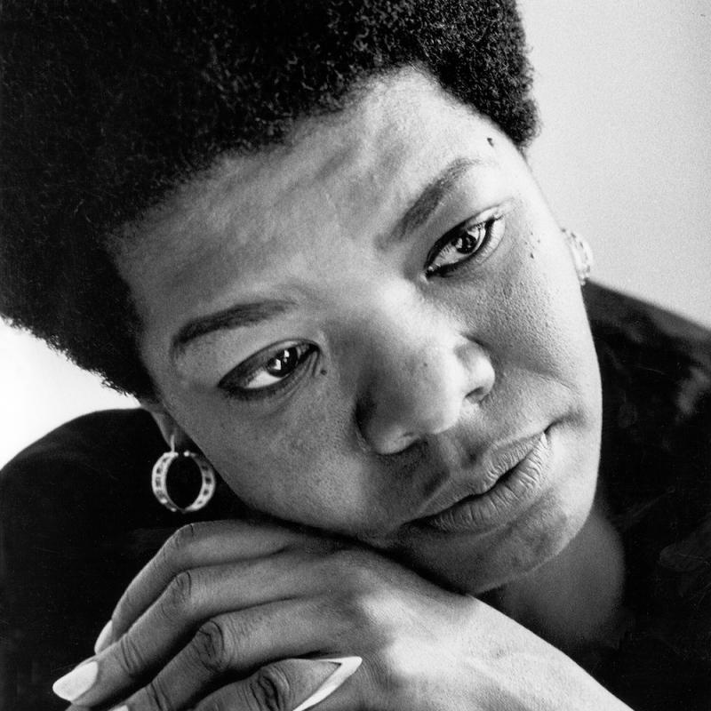 African American author Maya Angelou looks off-camera in a close-up portrait