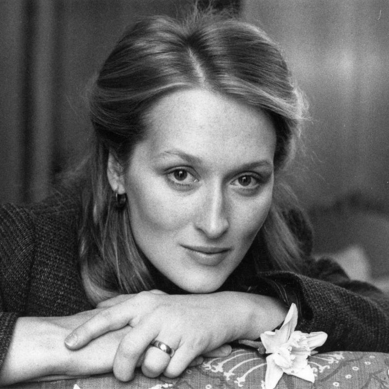 Actress Meryl Streep rests her chin on her hands in this portrait taken in 1980